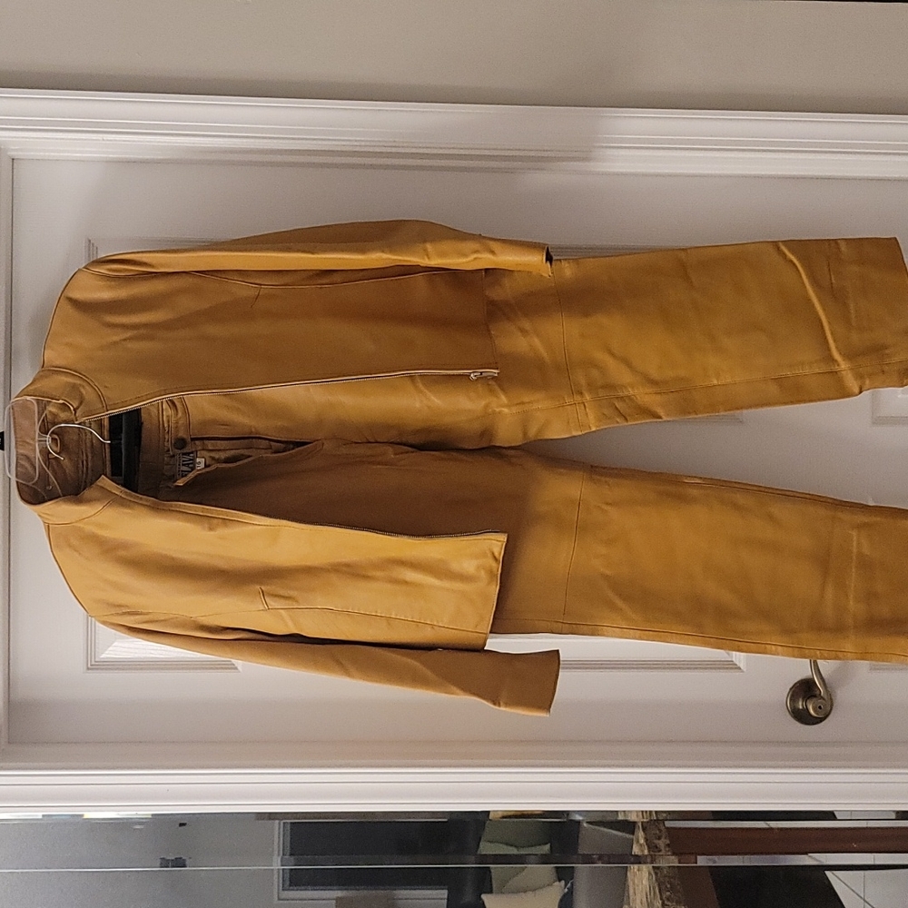 Tan Leather pant and jacket.